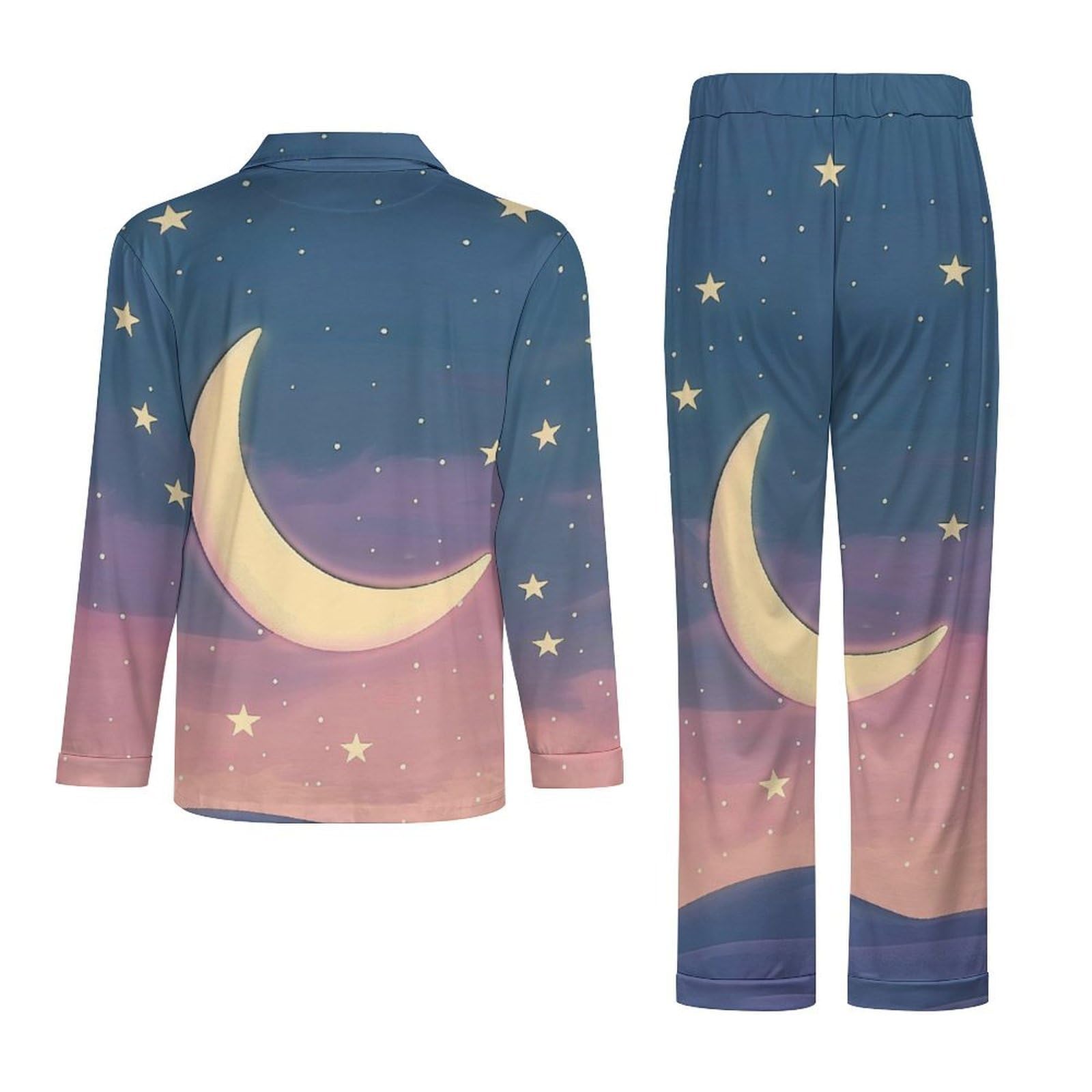 Pigiama Blu Uomo Cotone Primavera Luna della Sera Pigiama da Notte con Bottoni Pigiami Due Pezzi Maniche Lunghe Camicia e Pantaloni con Tasche