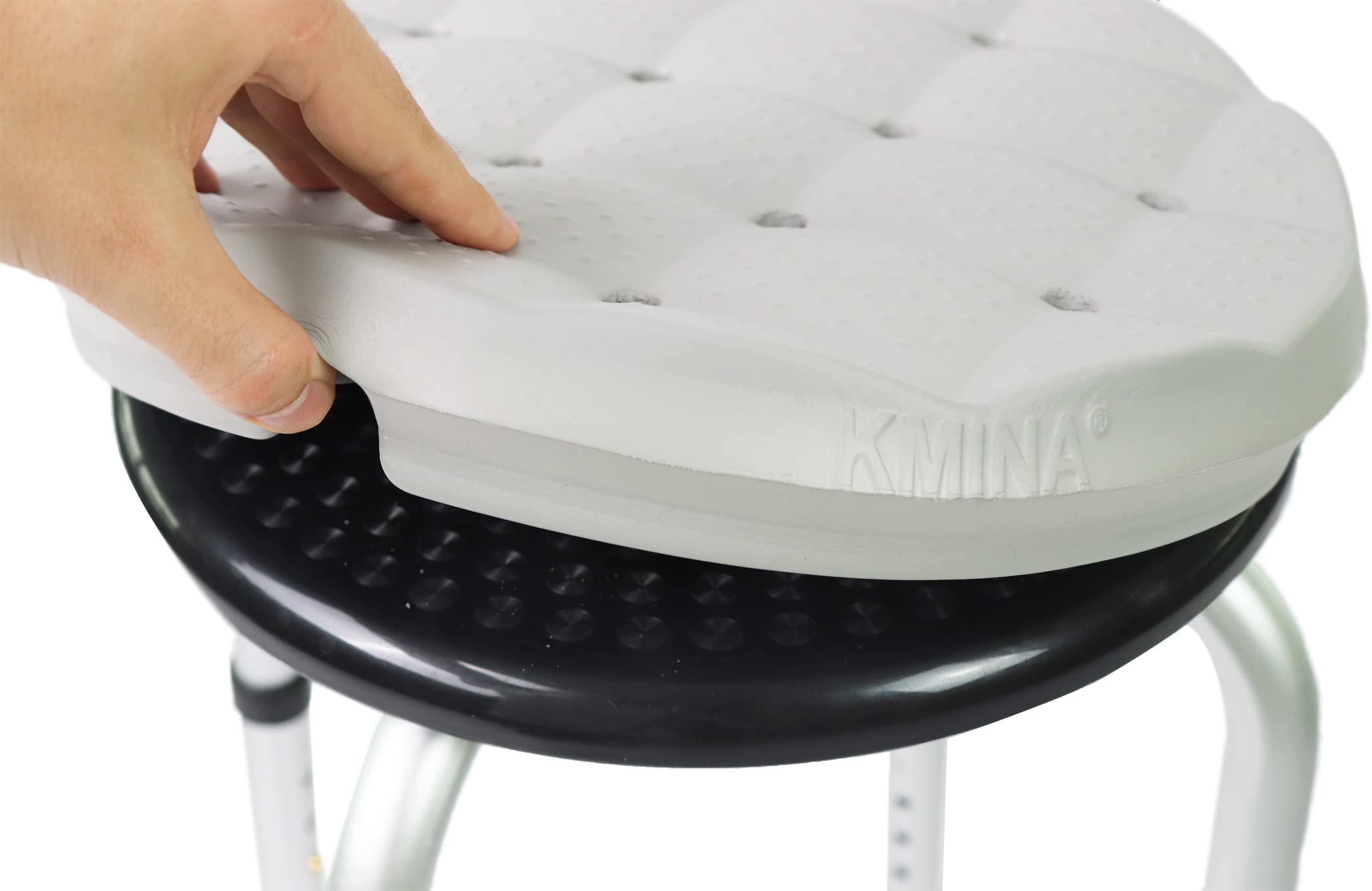 KMINA - Taboret prysznicowy dla seniorów, stabilny, wodoszczelny, z regulacją wysokości, okrągły, montaż bez użycia narzędzi - Made in Europe