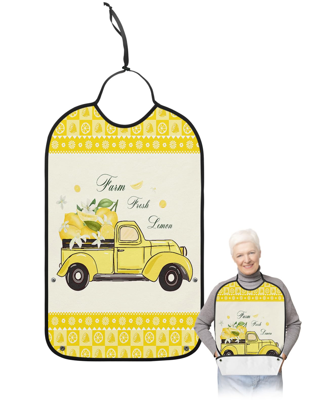 Summer Lemon Truck Adult Bibs for Eating, Waterproof Bibs with Food Catcher & Adjustable Snap Closure, Rustic Yellow Lemon Plaid Spring Floral Clothing Protectors Adult Bibs for Elderly Women/Men