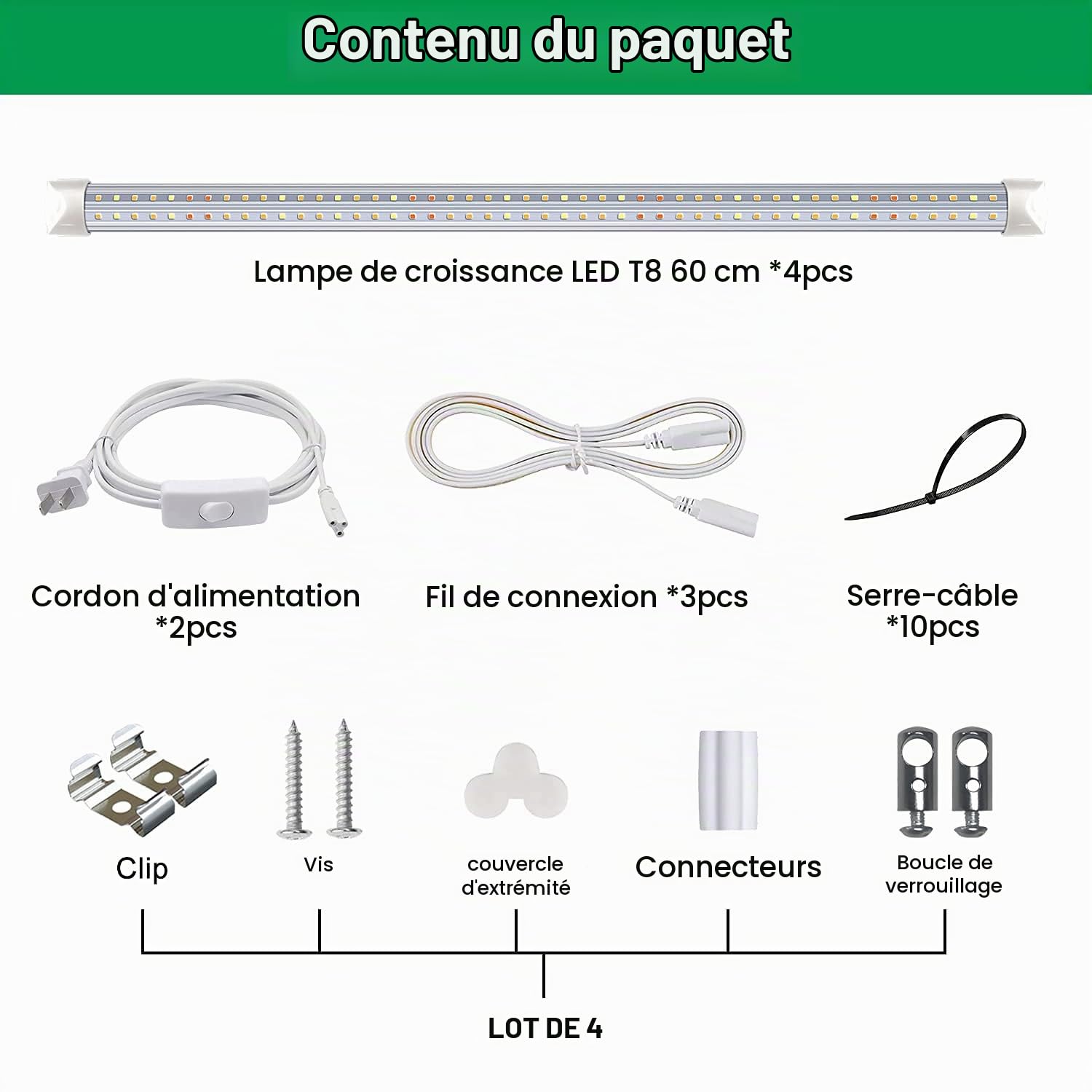 wolezek Lampe LED Horticole, 2FT 4 Pack T8 Spectre Complet Lampe pour Plantes Intérieur, 384 LEDs Lampe de Croissance pour Plantes, Conception en Daisy Chain(équivalent 300W HPS)