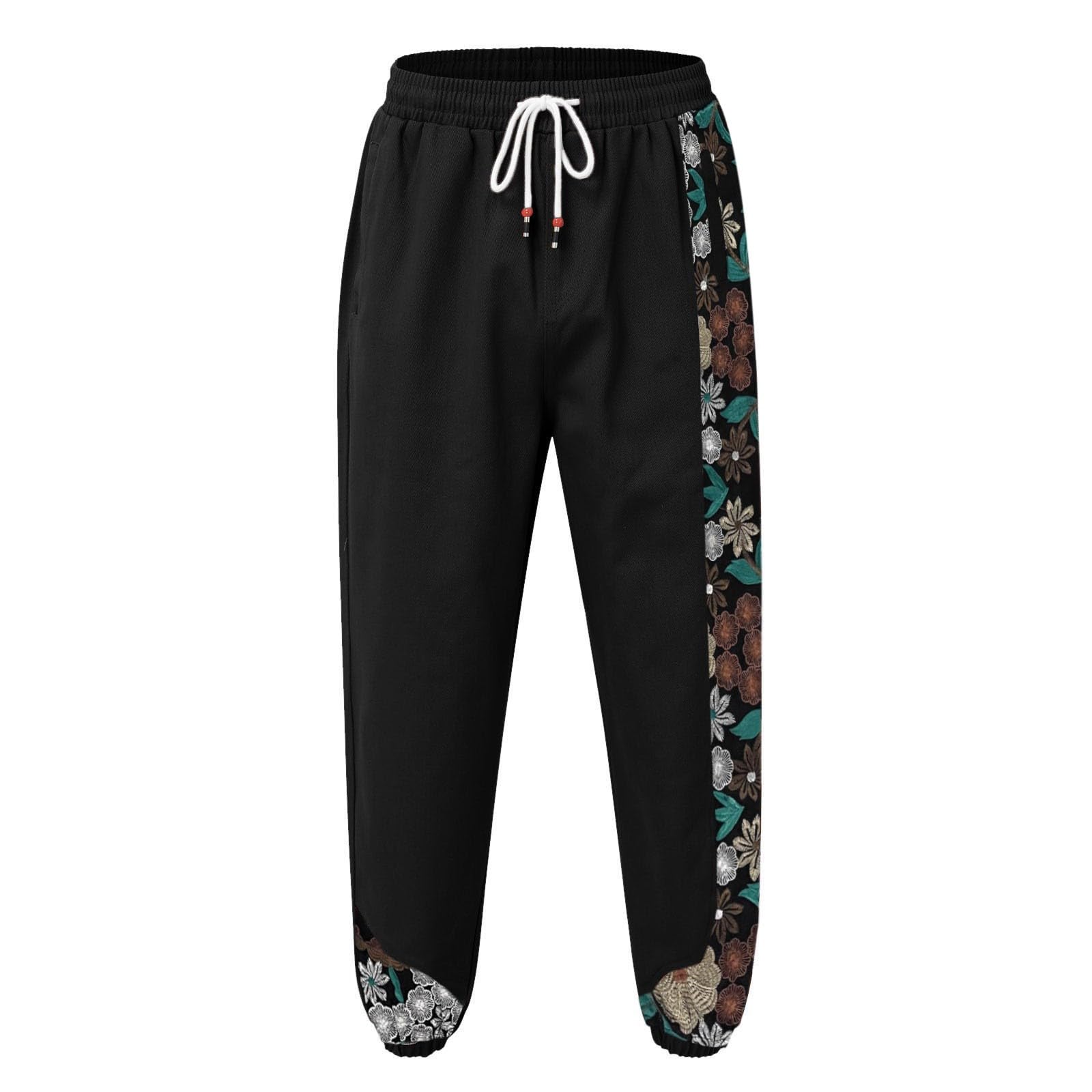 Herren-Trainingshose mit Kordelzug an der Taille, Workout-Hose für Herren, lockere Passform, konisches Bein, Freizeithose mit Blumenstickerei, Streetwear, elastische Taille, Fitnesshose für Skateboard