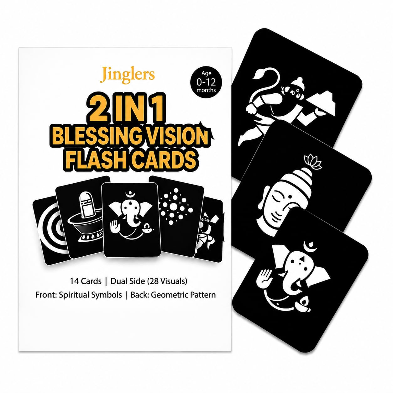 Jinglers 2 in 1 God High Contrast Flash Cards for New Born Baby Toys 0-3 Months, Black & White Visual Stimulation Cards, Montessori Newborn Baby Gift 0-12 Months, Tummy Time Sensory Toys