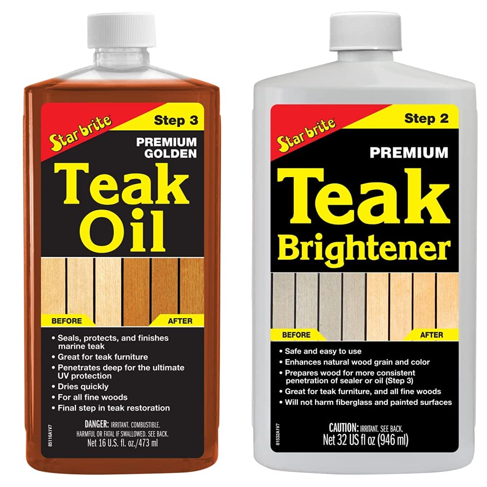 STAR BRITE Premium Golden Teak Oil - Sealer, Preserver &amp; Finish for Outdoor Teak &amp; Other Fine Woods - Step 3-16 OZ (085116PW) &amp; Premium Teak Brightener - Step 2-32 OZ (081532)