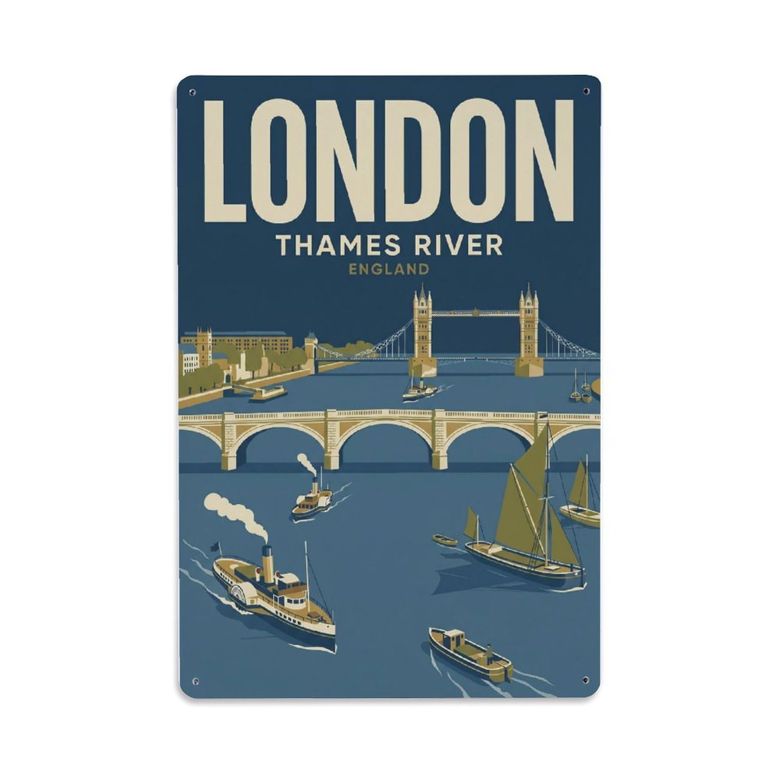 Vintage Travel London Thames River Boats Clean England Metal Tin Sign Plaque Wall Decor for Cafe, Club Bar, Office, Home Garden Metal Poster 8x12Inch
