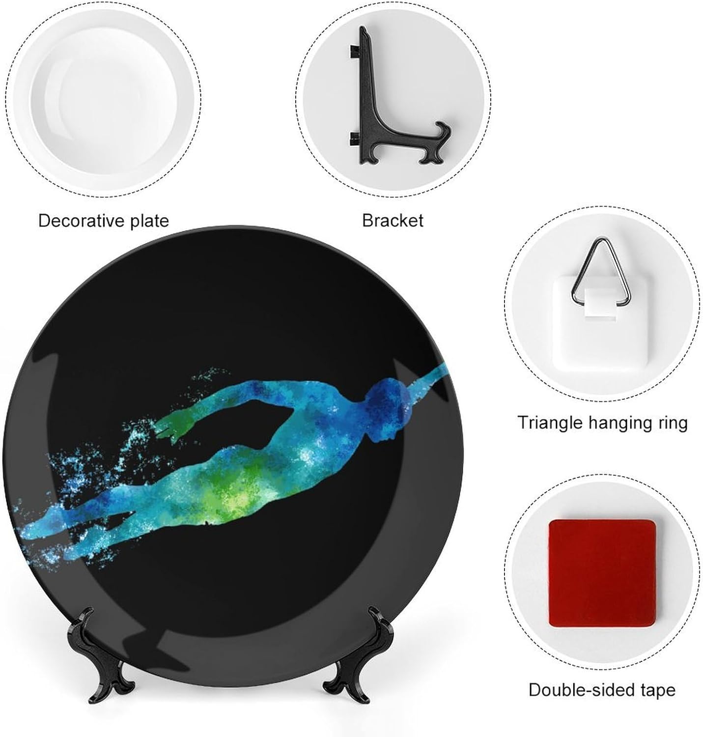 Swim Swimmer Swimming Decorative Plates for Display Ceramic Plate Tray with Stand Hanger Home Decor