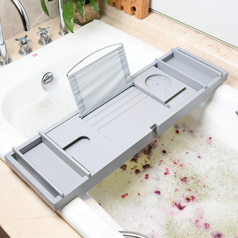 Estante para bañera Puente de Bandeja de baño de bambú con Lados Extensibles Soporte para Tableta para Libros Incorporado Bandeja para teléfono móvil Soporte para Copa de Vino Toalla de jabón Ban