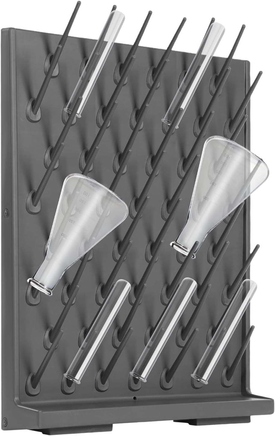 Lab Drying Rack - 52 Place Test Tube Rack with Removable Pegs & Drain Pipe, Lab PP Draining Rack for Beakers, Flasks & Glassware, Wall Mount or Countertop (Gray)