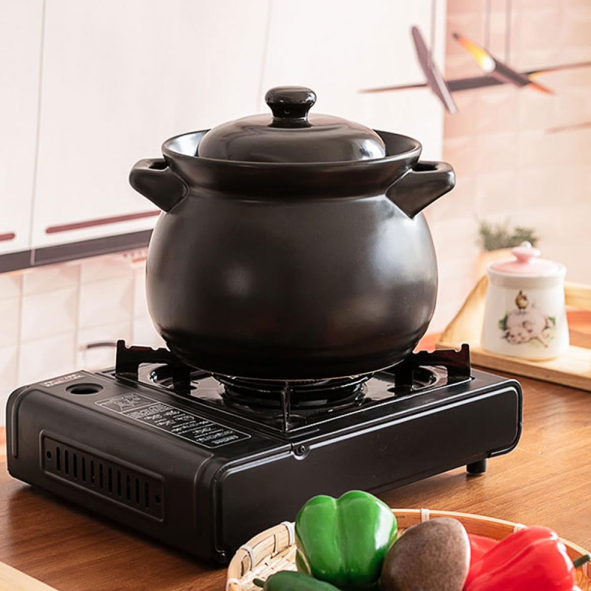 1pieza Olla Resistente Altas Temperaturas de Cerámica Pequeña Cazuela Antiadherente para Guisos y Arroz para Cocina Doméstica Color Negro