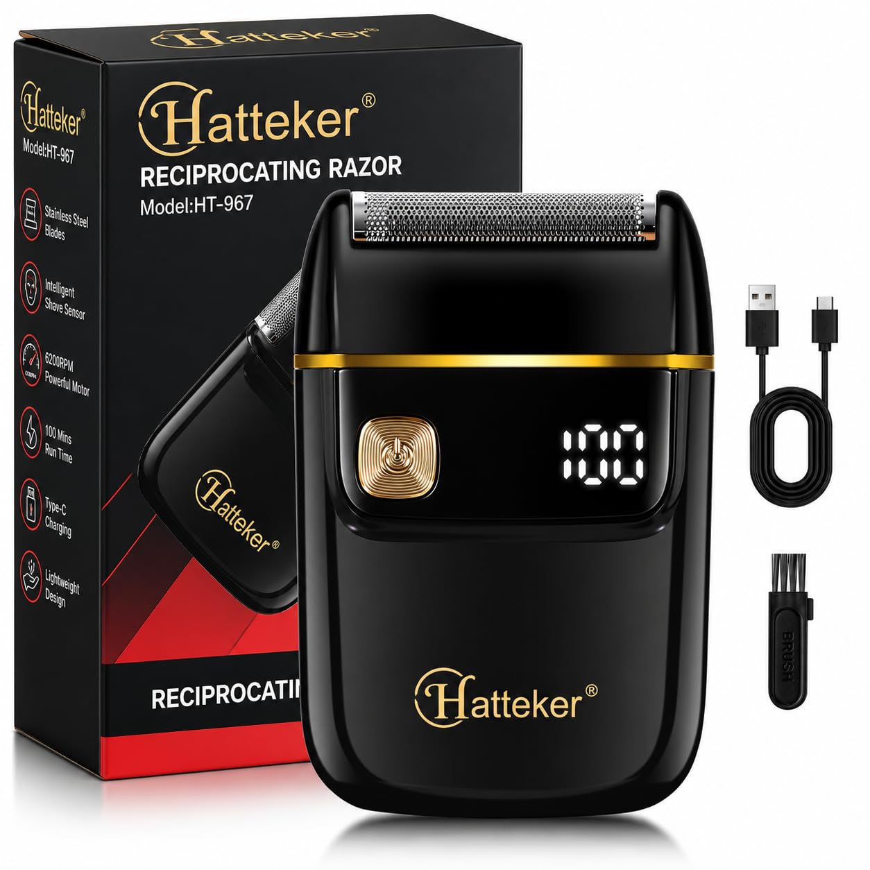HATTEKER HT-967 Professional Foil Shaver for Men, Stainless Steel Cutting Blades, 600mAh Lithium Battery, USB Type-C Fast Charging, 120 Minutes Runtime, Indicator Light, Low Noise Powerful Motor-image-33