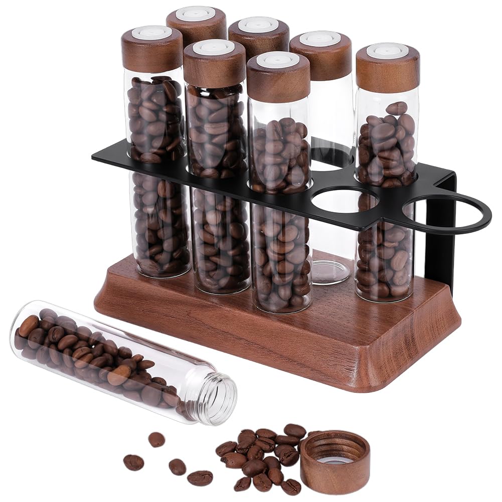 UNICRAFTALE 8 Stück 2oz Kaffeebohnen Röhrchen Einzeldosis Kaffee Lagerung mit Einwegventil Eisen Gestell Holz Ständer Trichter Sienna Arbeitsplatten Organizer für Kaffeeliebhaber 17.6x8.8x14.5cm
