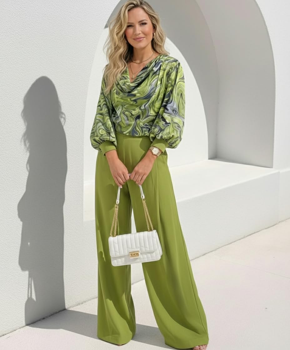 CHICME Women's 2 Pieces Outfit Abstract Print Cowl Neck Lantern Sleeve Crop Top and Wide Leg Pants Set - Image 5