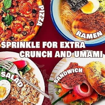 Crispy Chilli Crunch,100g. Crispy chilli oil without the oil. Made with garlic, onion, chilis. For ramen toppings, pizza, salads, sushi extra umami. Secret crunchy condiment