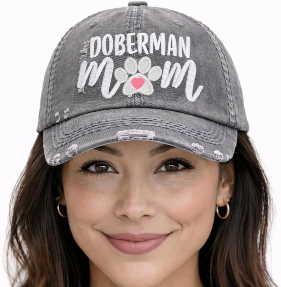 Women's Doberman Pinscher Dog Mom Hat, Baseball or High Ponytail Cap, Embroidered Owner Gift for Her Wife Girlfriend, Paw Print Design, Mother's Day Birthday Christmas