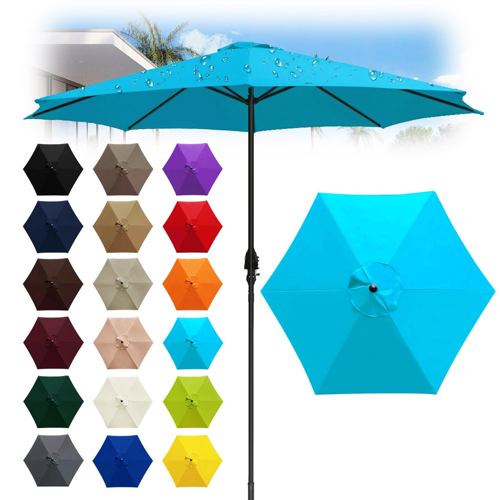 6 Ribs Outdoor Umbrella Canopy Replacement - Replacement Parasol Fabric Cover - 6.6/8.2/8.9/9.8ft Umbrella Cloth - Not umbrella frame - for Garden, Patio, Yard, Beach, Market(Lake Blue,6 ribs: 3.0m/9.