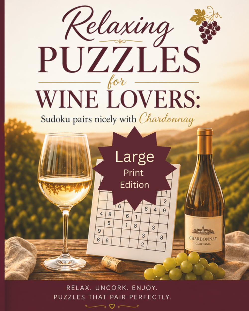 Relaxing Puzzles for Wine Lovers: Sudoku pairs nicely with Chardonnay so grab a glass and a pencil| It is time to unWINEd with large print for adults and seniors