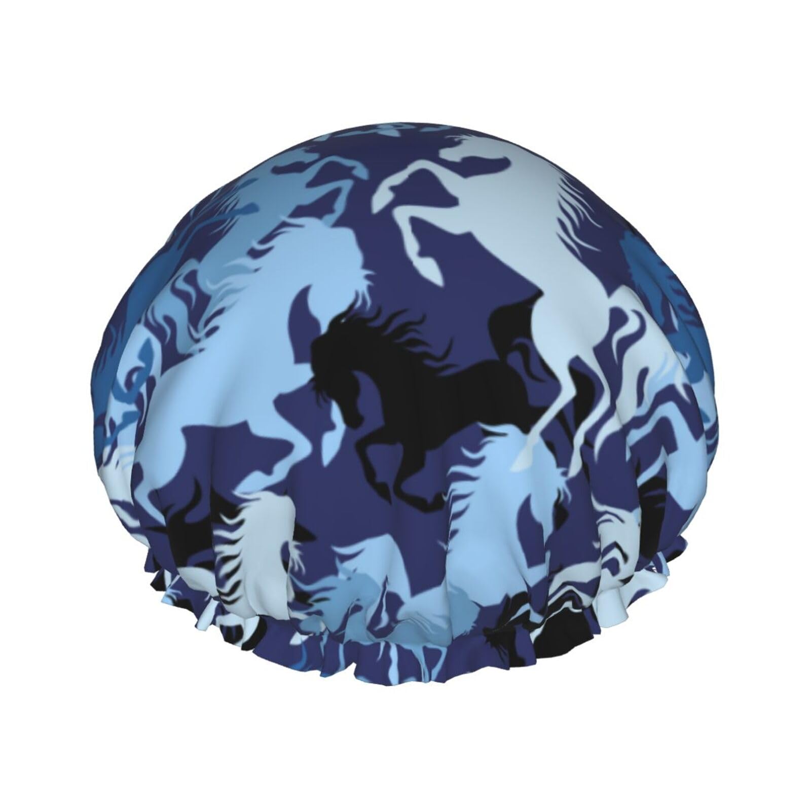 Bonnet de douche réutilisable élastique motif cheval camouflage bleu marine