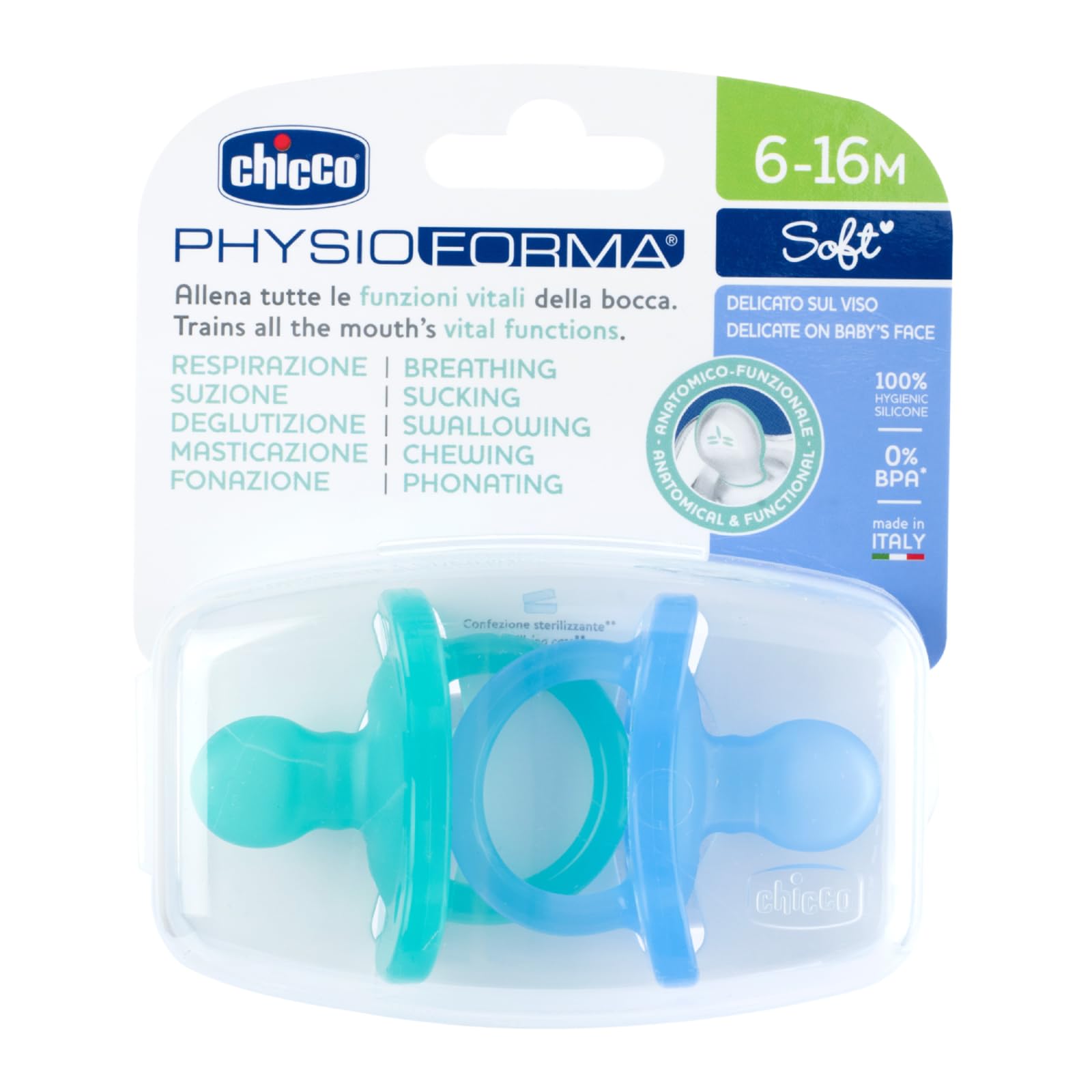 Chicco PhysioForma Soother for Babies (6-16 Months) Pack of 2 | Baby Pacifier with Unique Shape to Support Baby's Breathing | Soft Silicon Material | BPA Free (Blue, Green)