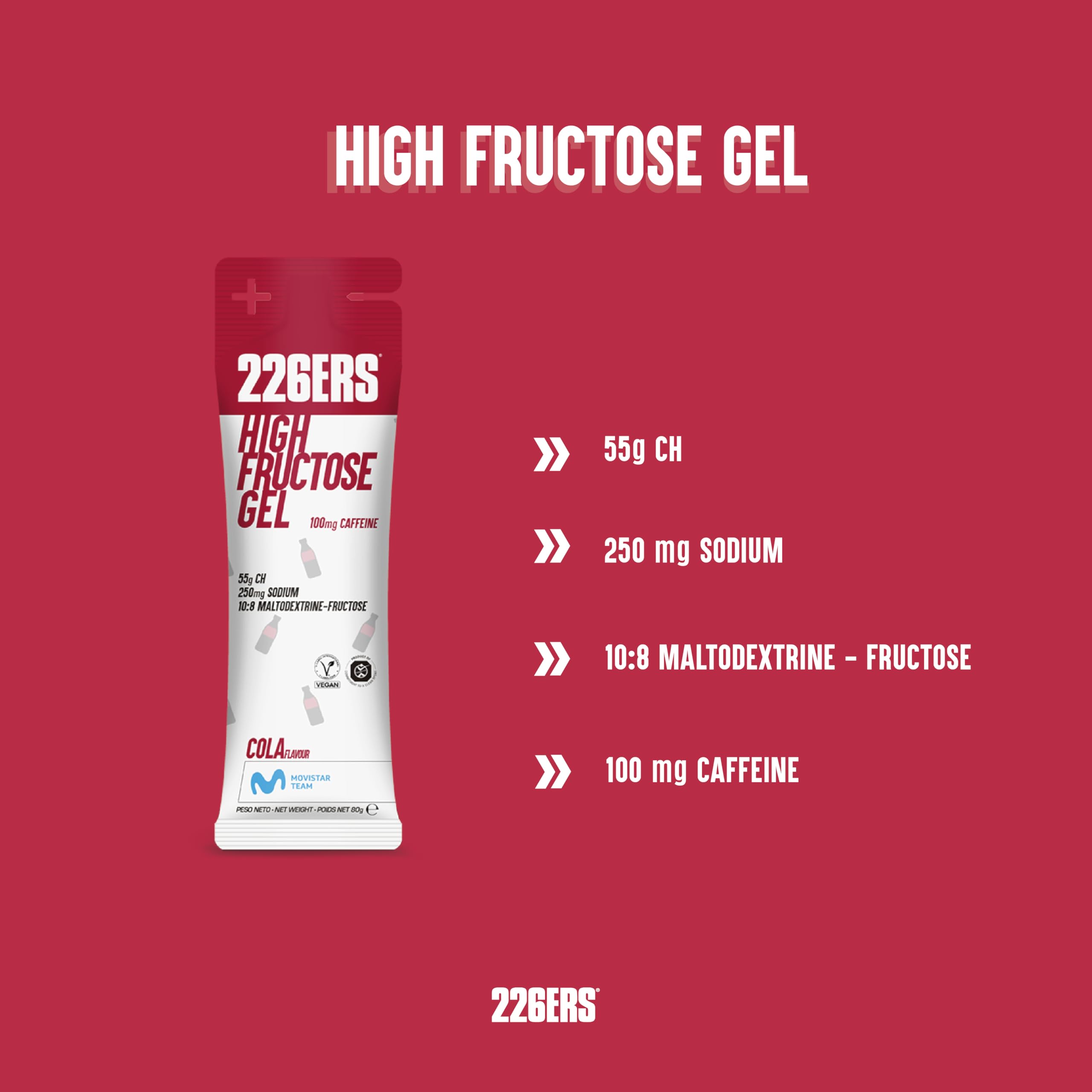 226ERS - High Fructose Gel, Energiegel für Sportler, mit Maltodextrin und Fruktose, mit 100 mg Koffein, vegan und glutenfrei, Kohlenhydratzufuhr, Geschmack Cola, 24 Gels x 80 g