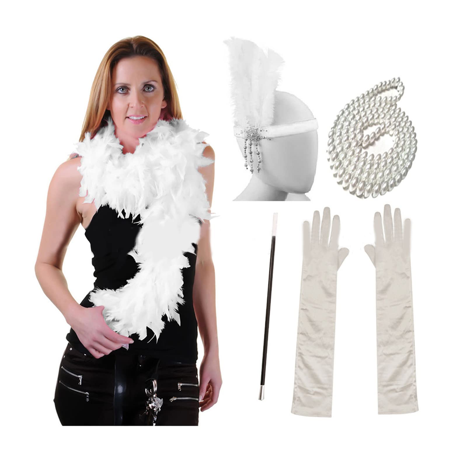 Fentency Vintage Women Costume Accessories Headband Necklace Scarf Gloves for 20s Cocktail Party