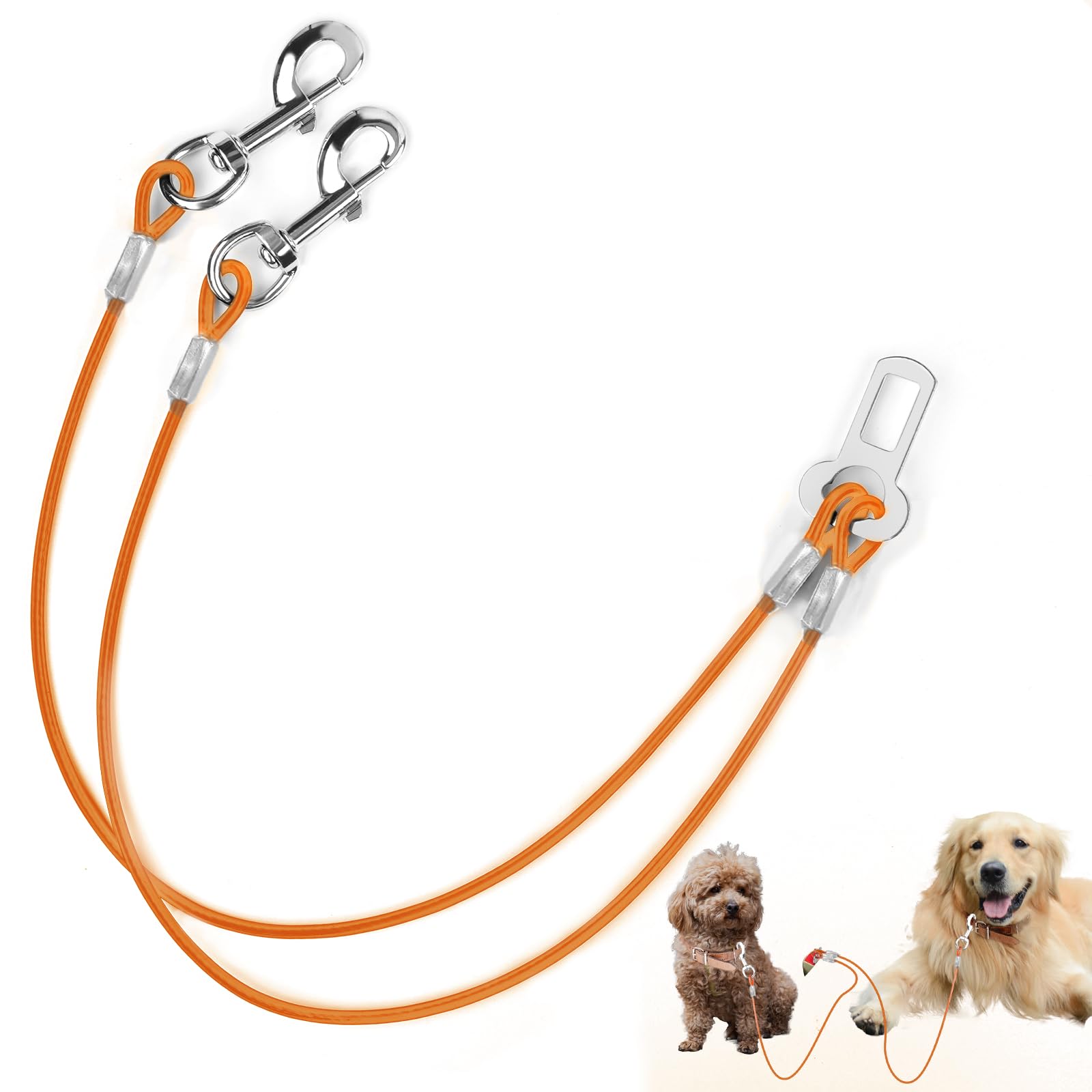 MiaoChuai 3-in-1 Dog Car Seat Belt Harness | Chew-Proof Adjustable Steel Cable Leash with Heavy-Duty Buckle & Clip | Car Safety Restraint for Small, Medium, Large Dogs (Orange New, 24in)