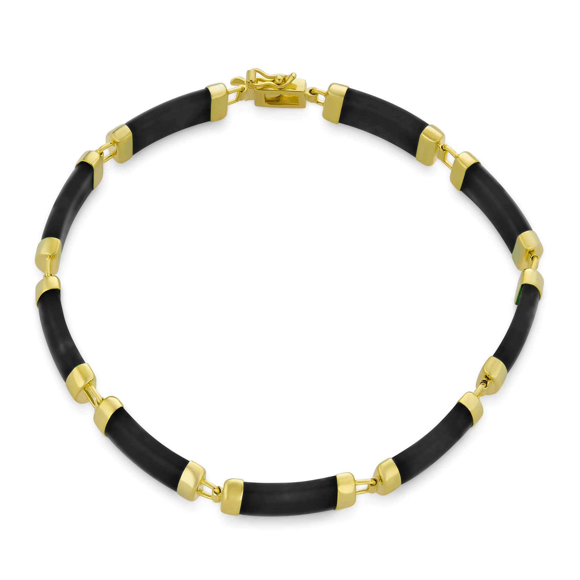 Pulsera de estilo asiático con piedras preciosas de ónix negro genuino, jade multicolor amarillo, rojo, blanco y verde, con eslabones de barra contorneada para mujer, chapada en oro amarillo de 14K,