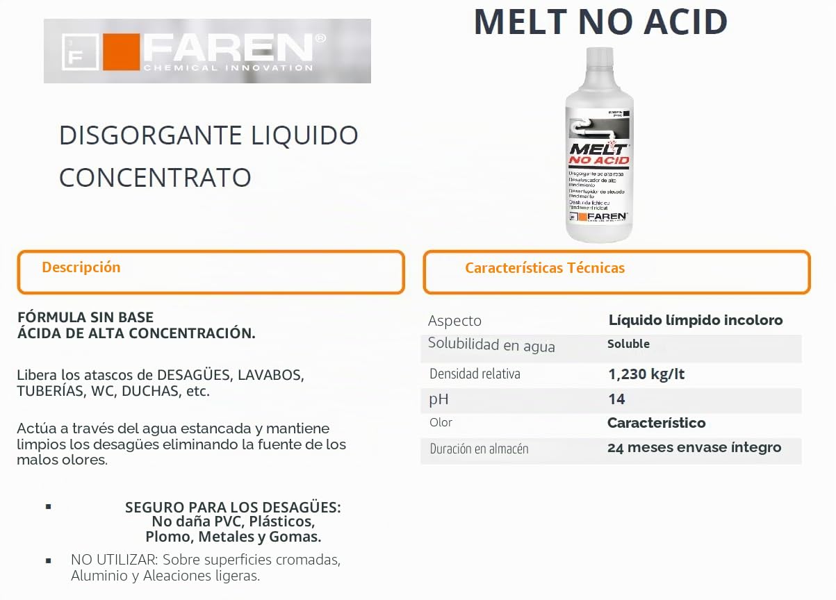 Faren Melt - Desatascador líquido concentrado, fórmula concentrada, no a base de ácido, fácil y rápido, seguro, 1 litro (12 unidades)