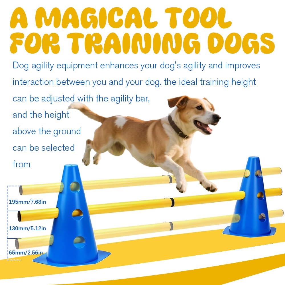 Agility Kit d'obstacles pour Chiens et Enfants, Ensemble de Barrières Enfichables pour Enfants, Parcour pour Sauter, 8 Cônes de 23 cm de Hauteur + 4 Barres de 81 cm de Long, pour Les Exercices
