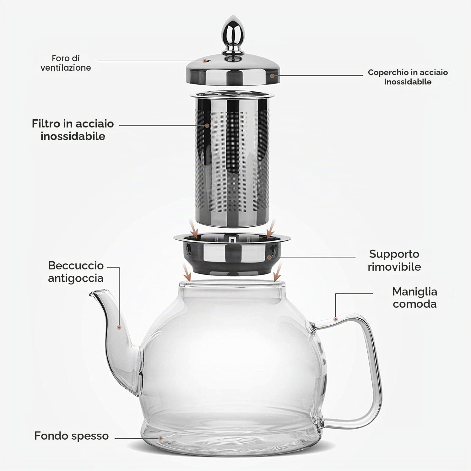1200ML Teiera di vetro, Teiera con infusore, Teiera di vetro borosilicato per piano cottura, Teiera di tè in fiore, Teiera di tè in fiore, Teiera in vetro borosilicato