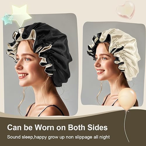 Miniatura 5 de Gorro de satén para dormir mujeres y niños, gorro de seda de doble capa para niñas y niños, gorra de noche de cabello rizado