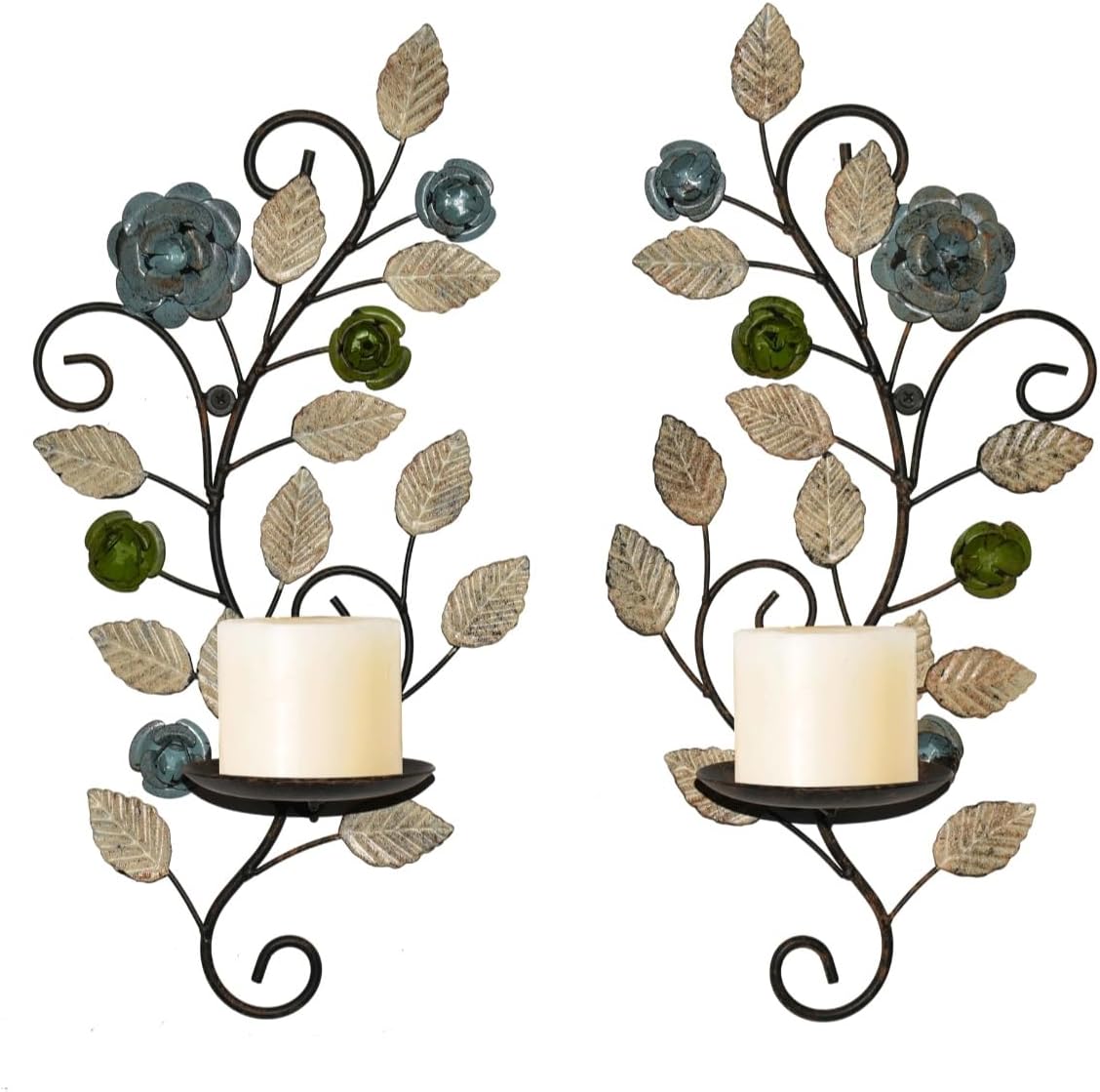 Metal Wall Candle Sconce Holders Set of 2, Rustic Leaf and Flower Branch Candle Holder Wall Decoration for Living Room Farmhouse Wedding Fireplace