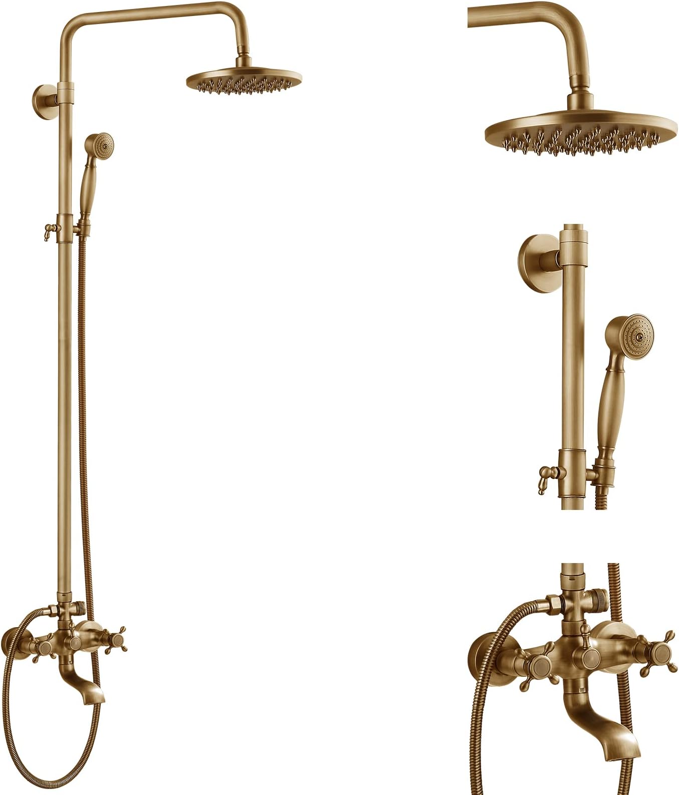 Antique Brass Tub Shower Faucet 8 Inch Shower Head Vintage Shower Fixture Set Mixer Handheld Spray Triple Function Shower Combo
