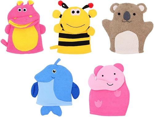 5 guantes de baño para niños, adorables diseños de animales, guantes de baño exfoliantes, paños de esponja suave para el baño y la ducha del bebé,