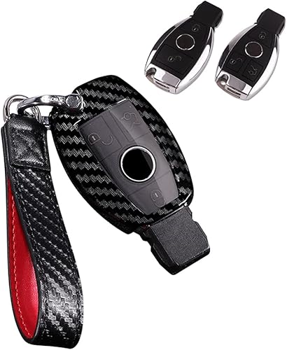 HIBEYO Funda de fibra de carbono compatible con Mercedes Benz C E S M CLS CLK G Class CLA GLK GLA GLA AMG GLC Logo Smart Key Fob Funda con llavero