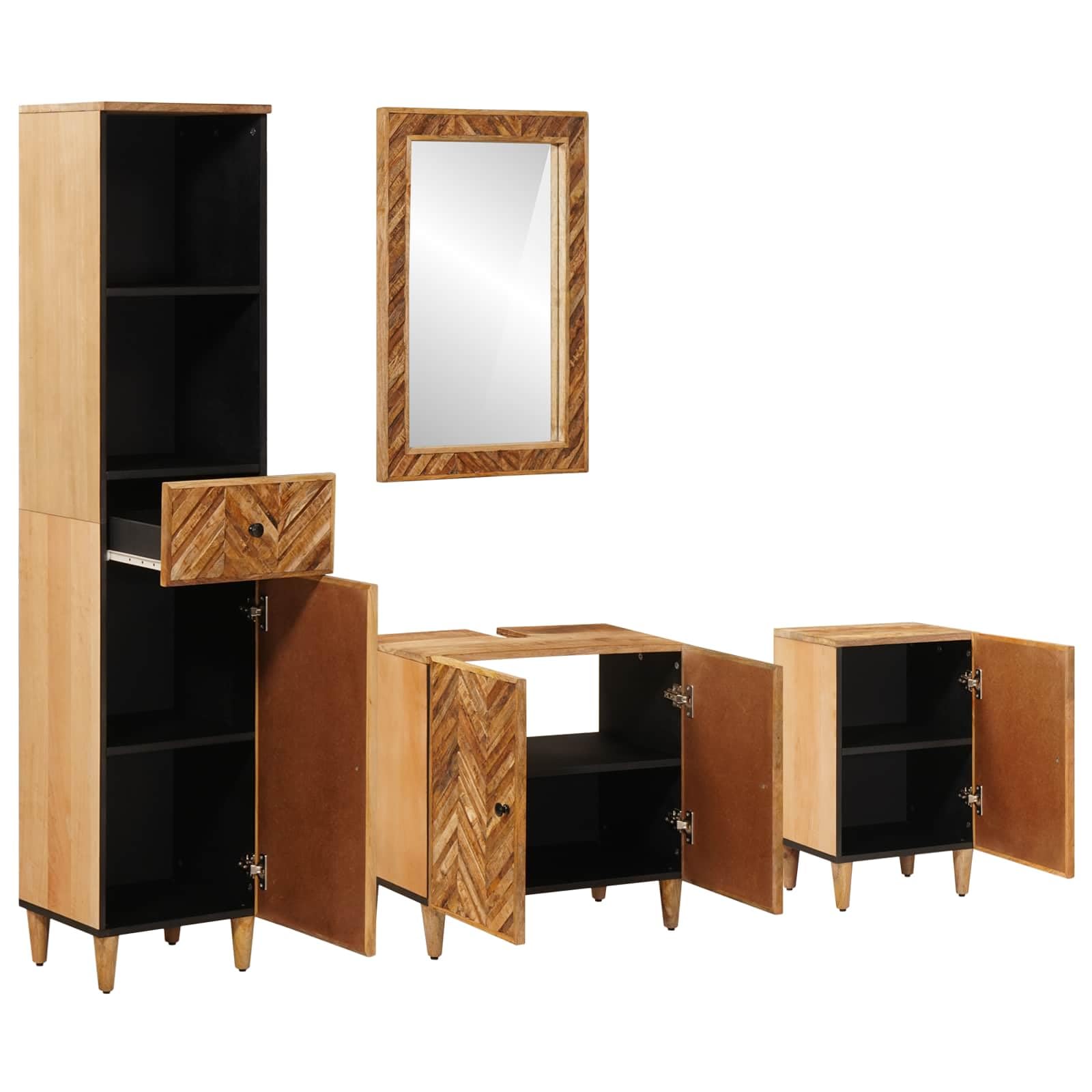Set di 4 armadietti da bagno in legno massiccio di mango con specchio e