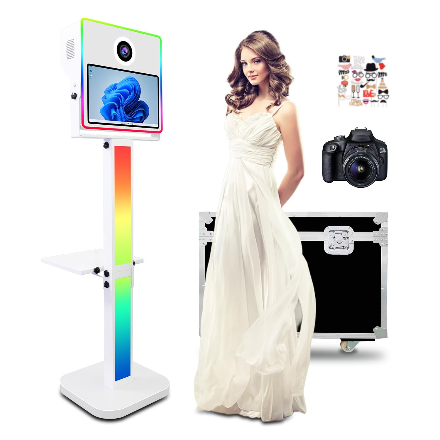 Macchina fotografica DSLR, fotobooth istantaneo, touchscreen da 15,6", mini PC integrato per selfie e feste di nozze (bianco, cabina fotografica + fotocamera) | Stampa istantanea e condivisione di foto, sincronizzazione musicale, luce RGB