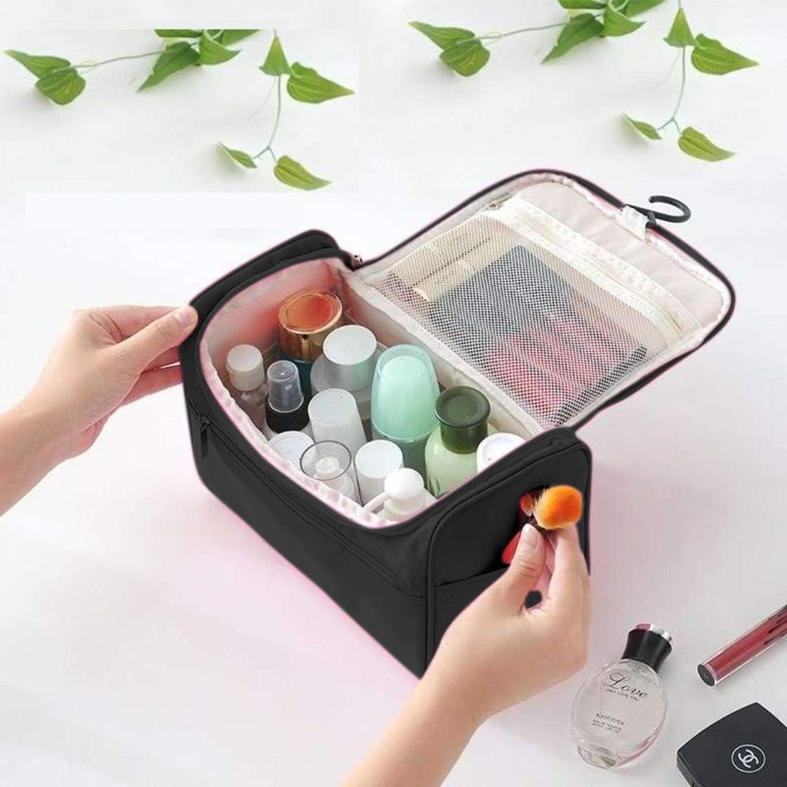 NIRVA WITH DEVICE OF WOMEN PICTURE Hanging Zipper Polyester Fabric Travel Makeup Oraganizer Toiletry Kits in Black Colour