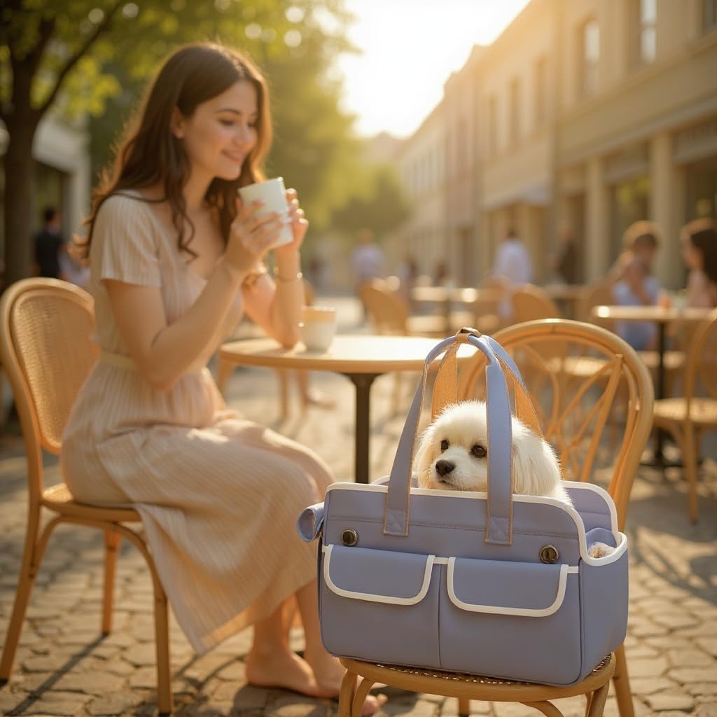 Tristan Home Designer Pet Carrier Canvas Tote Bag, Gold Handles, Double Front Pockets, 10.5/16/7.5inch, Blueish Grey with White Trim
