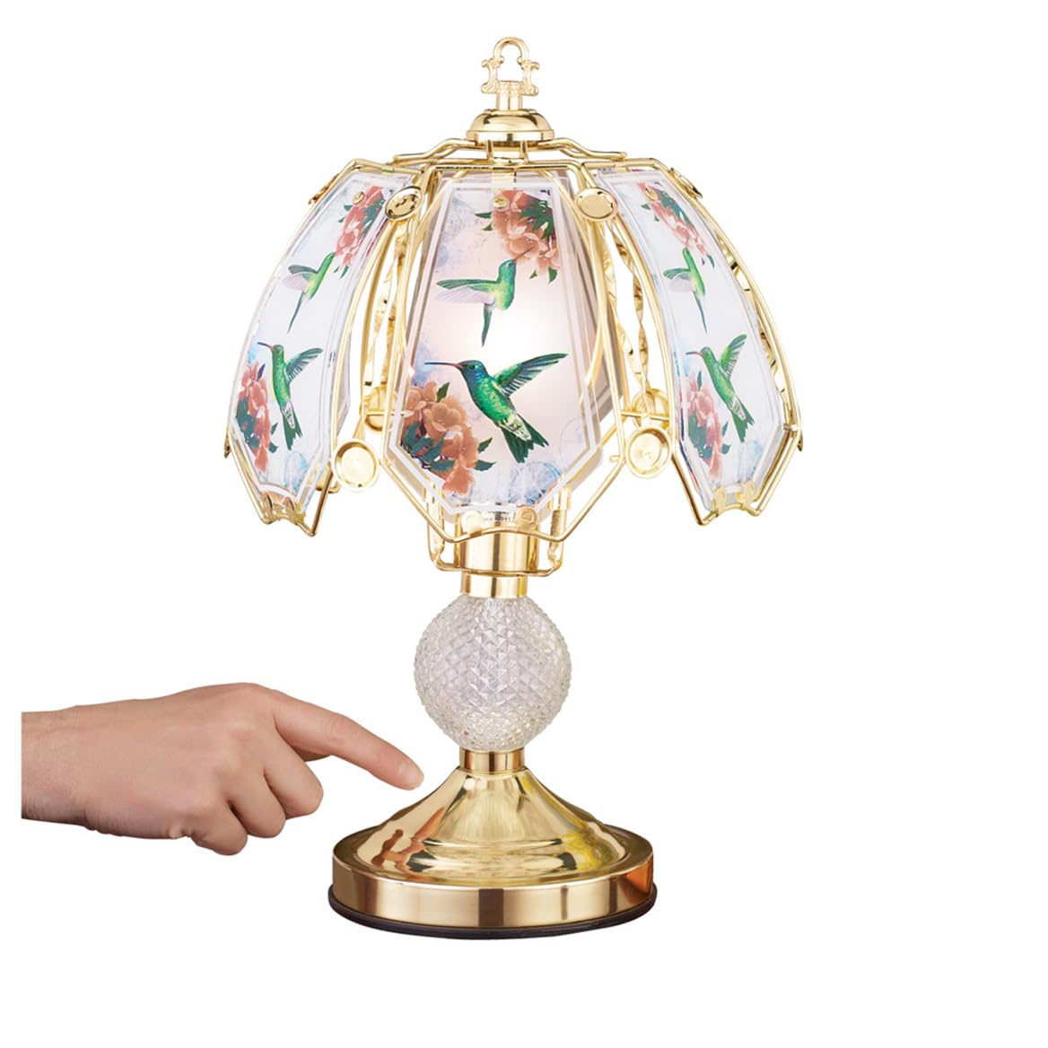 Collections Etc Touch Base Hummingbird Lamp with Gold-Tone Base and Colored Glass Panels