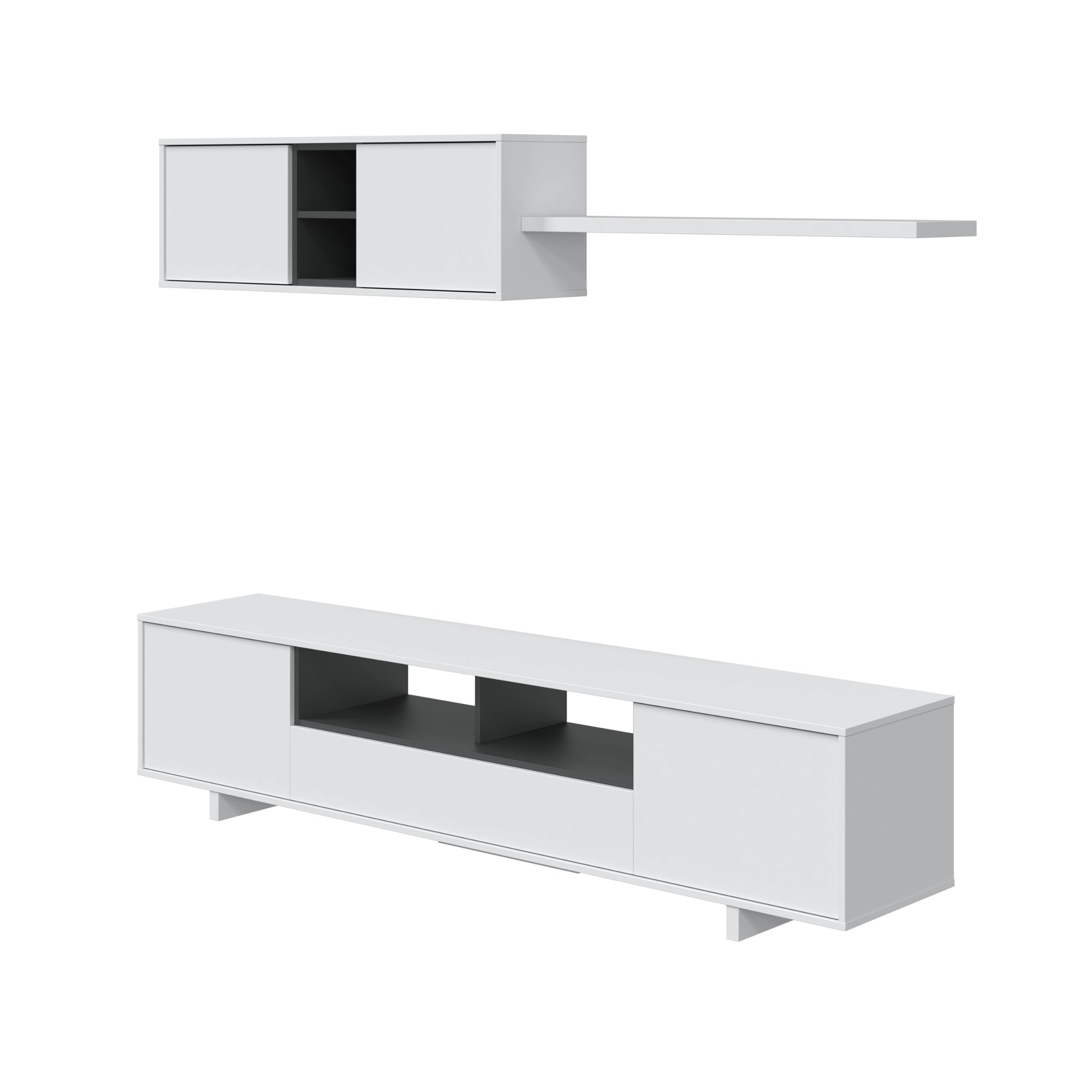 Habitdesign – Mueble de Salón Moderno, Módulos para Comedor, Conjunto de Salón, Color Blanco Brillo y Gris Antracita, 200x41x46 cm - Modelo Belus