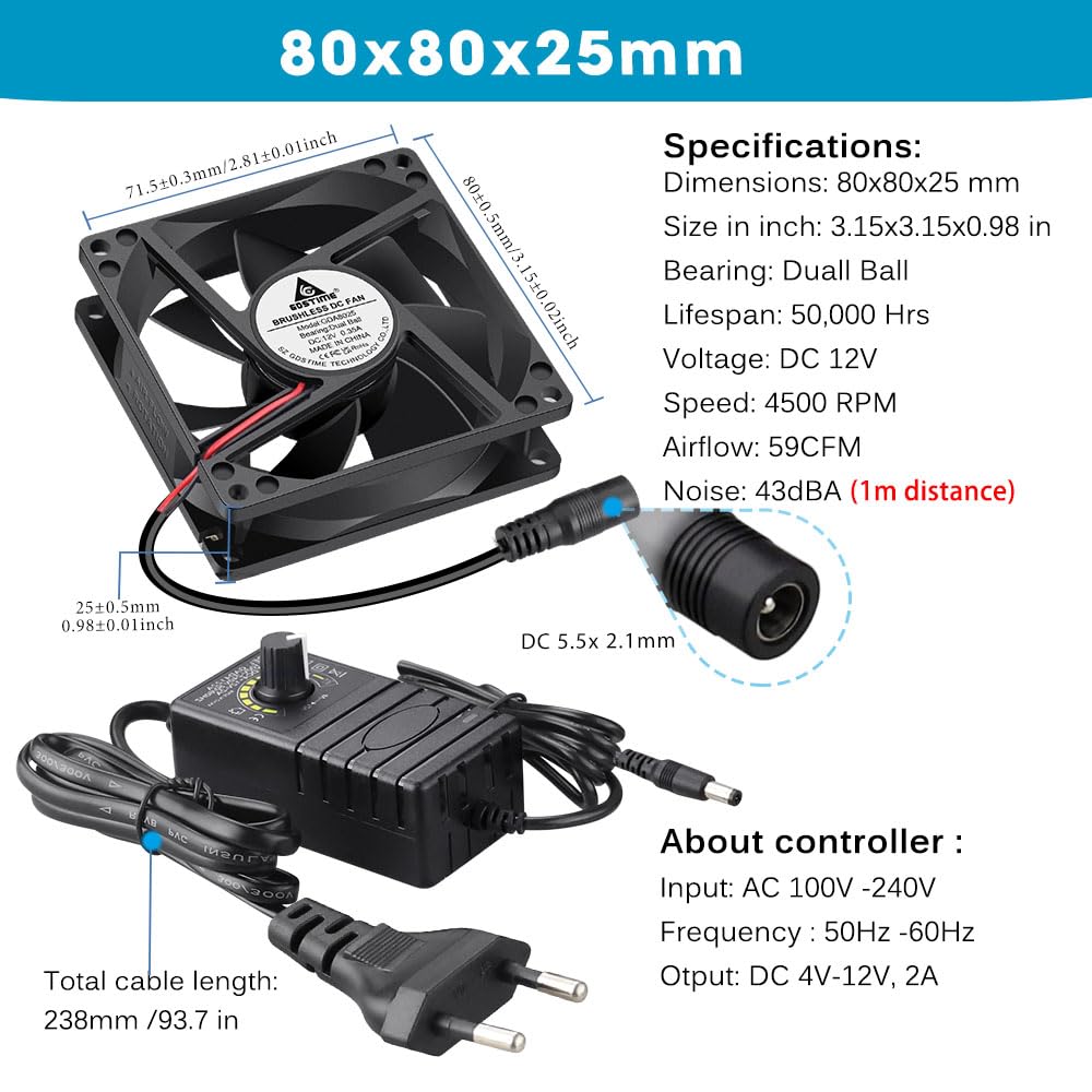 GDSTIME Ventilateur PC 80mm 220V Fan 80x80x25 à Roulement à Billes Réglable | ventilateur 220v 80mm PC Fan 230v 4500 tr/min avec Contrôleur de Vitesse Réglable pour PC Boîtier TV Routeur Modem