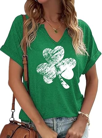 St. Patricks Day Shirts Women V Neck Lucky Shamrock Clover T-Shirts Irish Festival Graphic Tee Tops