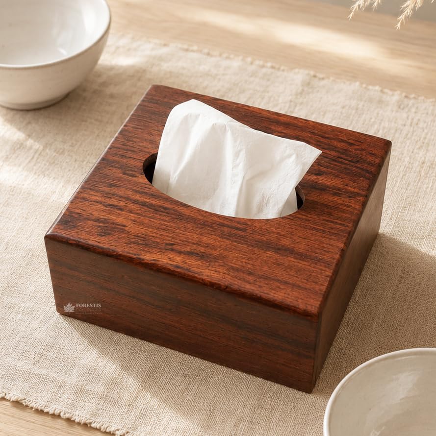 Image of Wooden Tissue Box| Rosewood Napkin Box| Tissue Holder Organizer for Table, Home, Office, Car| Square Facial Paper Cloth Storage Case| Dispenser (6X6 Inches, Ambrin)