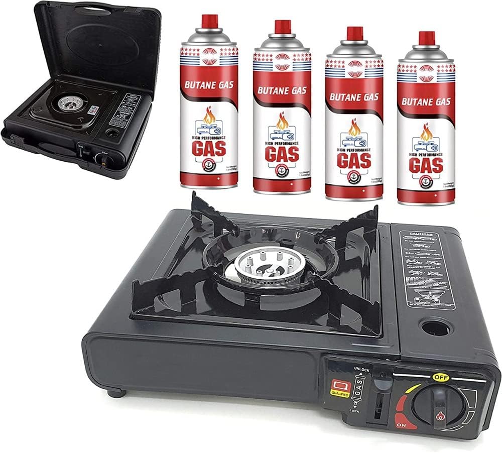 Somer Field - Portable Gas Stove for Out Door Picnic, Camping & Home with Carry Bag + 04 Butane Gas Canisters - Best Buy for Out Door use (Black)