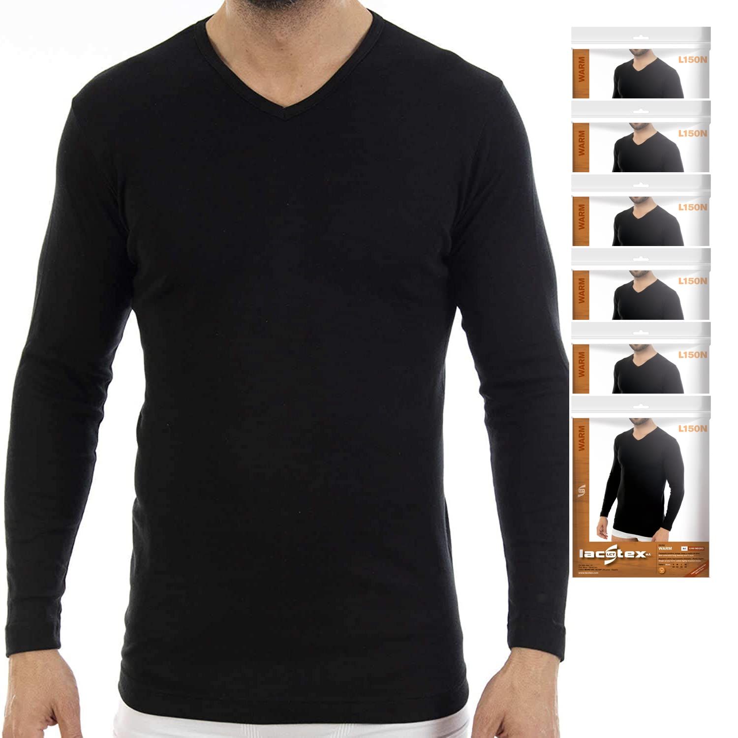 Pack Ahorro de 6 Unidades. Camiseta Interior cálida de Hombre L150, Manga Larga y Cuello de Pico.
