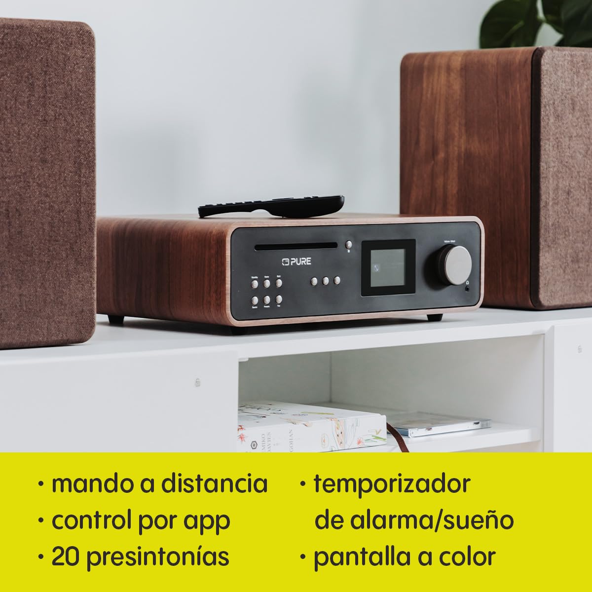 Pure Sistema de música HiFi estéreo clásico - Radio Internet, Dab+/FM, Bluetooth 5.2, Reproductor de CD, USB, Spotify Connect, AUX, Entrada óptica, Sonido Estéreo 100W - Coffee Black/Walnut
