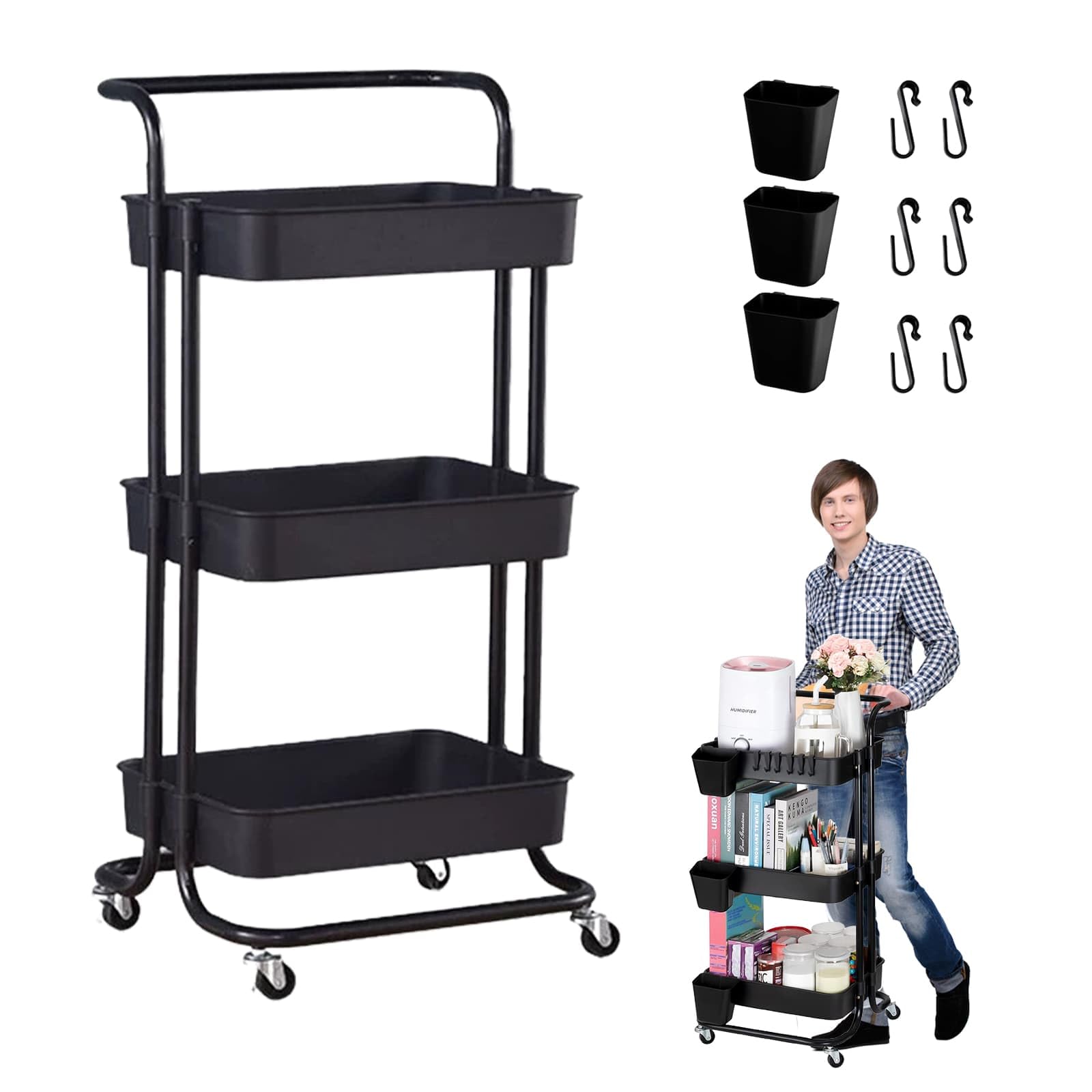 3 Tier Trolley, Rolling Utility Storage Car with Wheels & Hanging Cups & Hooks Storage Organization Shelves, for Kitchen, Bathroom, Office, Library, Coffee Bar Trolley Service Cart (Black)