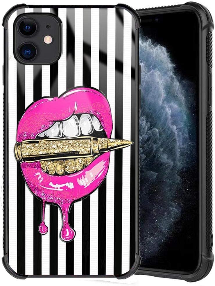 iPhone 11 Case, Pink Lips in Gold Bullet Luxury Elegant Design iPhone 11 Cases for Girl Women Slim Fit Tempered Glass Back Cover + Soft Silicone Shockproof Bumper Protective Case for iPhone 11 6.1inch