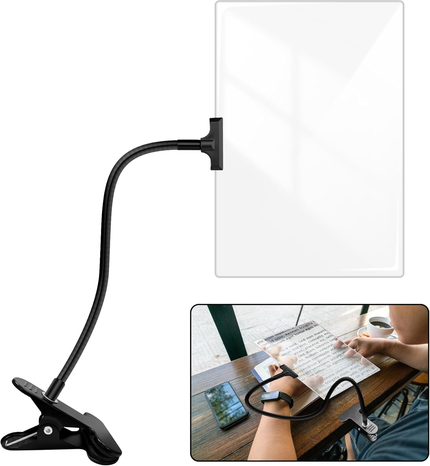 Photo 1 of 5X Magnifying Glass with Clip for Reading, 10x6 inch Large Full Page Magnifier with Clamp Adjustable Flexible Gooseneck, Clip on Magnifying Glass for Daily Hobbies, Painting, Crafts, Embroidery
