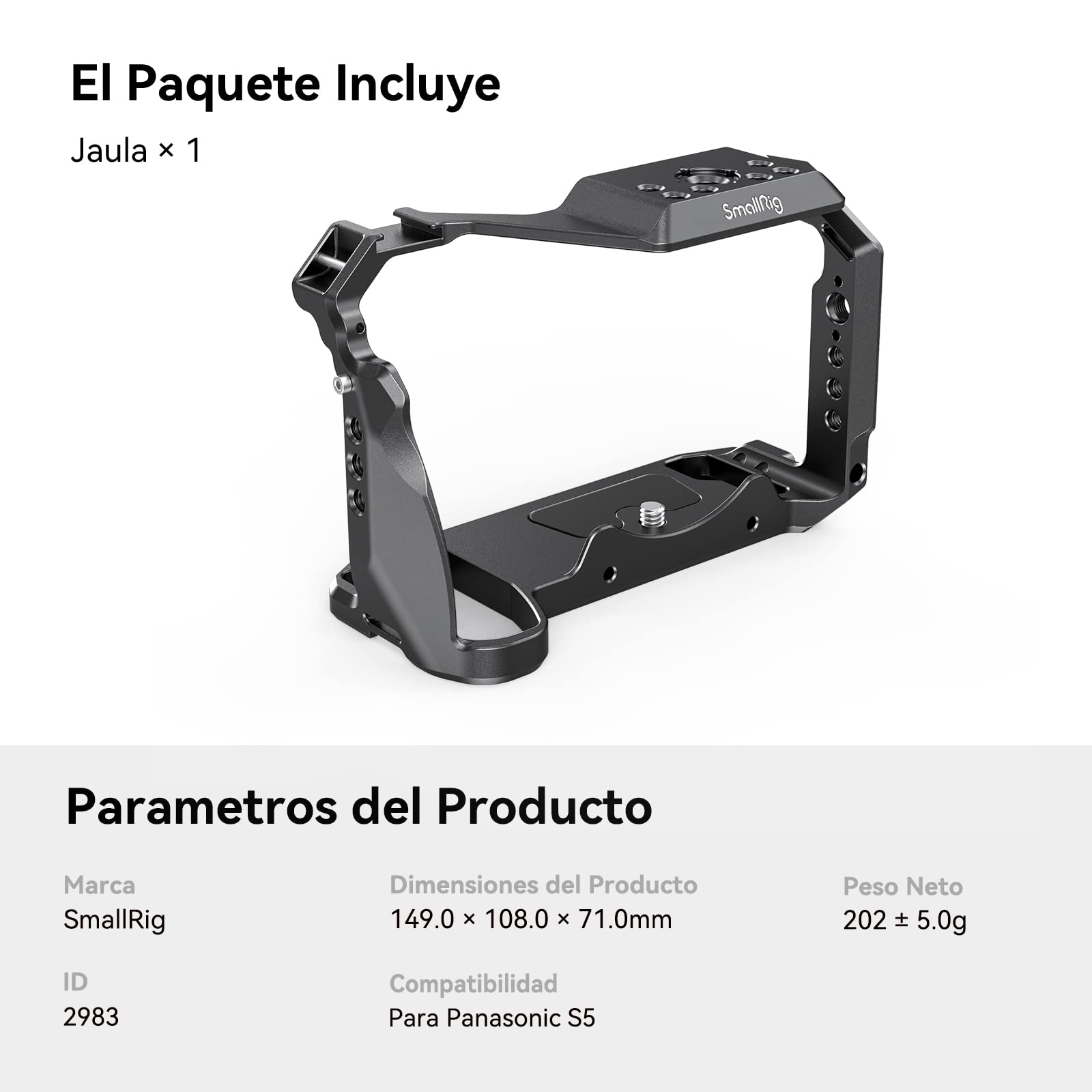 SMALLRIG S5 Cage Jaula de Cámara de Aleación de Aluminio para Panasonic S5,con Cold Shoe y NATO Rail Incorporado- 2983