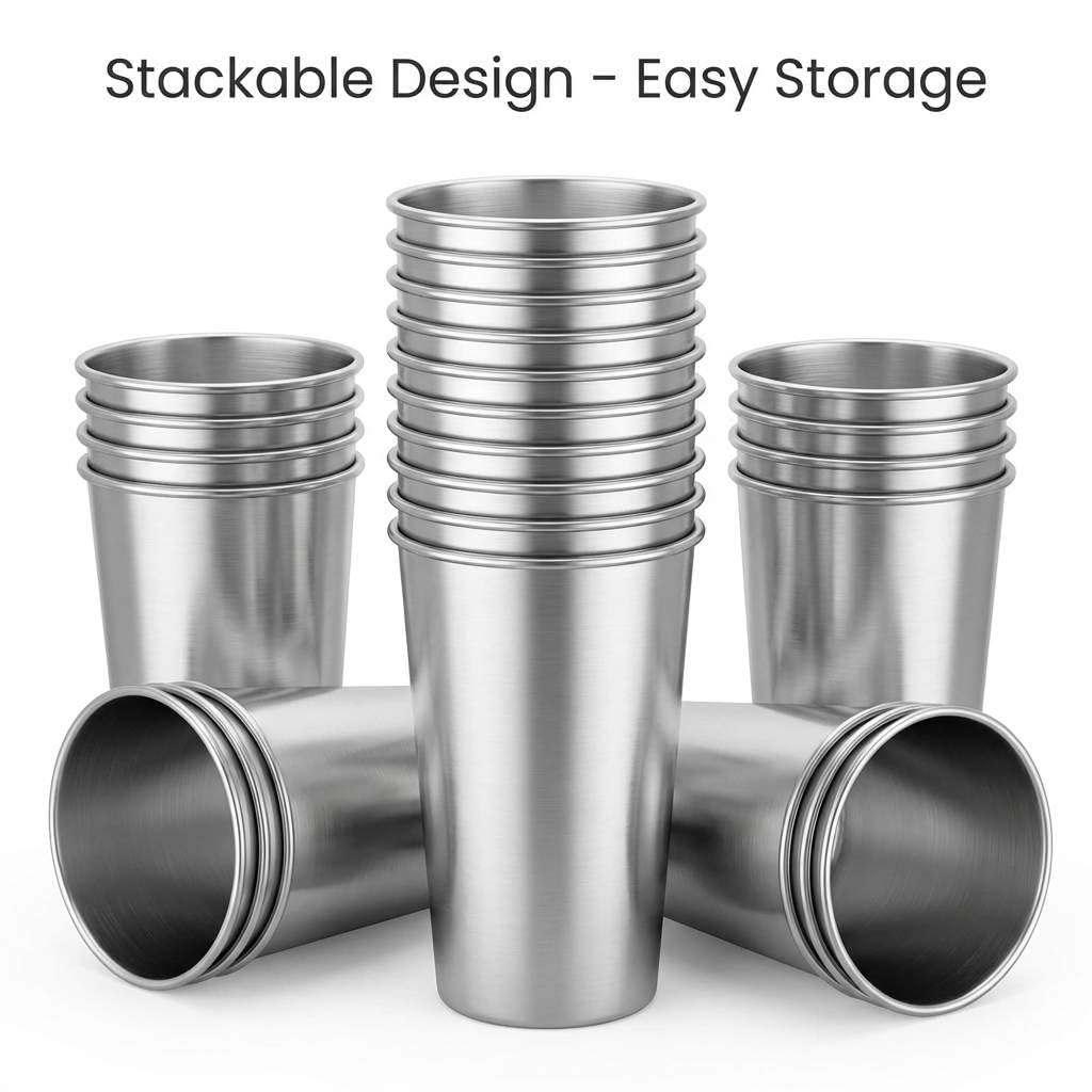 QWORK Vasos de pinta de acero inoxidable de 16 onzas, paquete de 16 vasos de acero 304 de 450 ml, vasos de metal, vaso inastillable